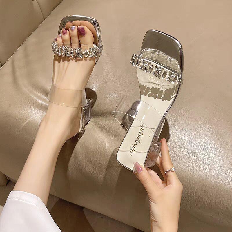 Fashion Shoes for Women Sexy with Heel Sandals Clear Woman Slippers Rhenstone Slides Elegant and Fashionable Easy Wears Summer Footwear