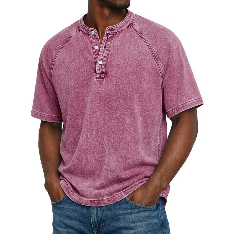 Men's Light Blue Denim Henley Short Sleeve Shirt