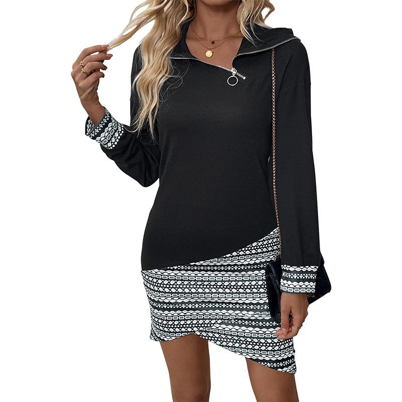 Patchworkkleid Herbst Lässig Midi Reißverschluss Unregelmäßig Sweatshirtkleider