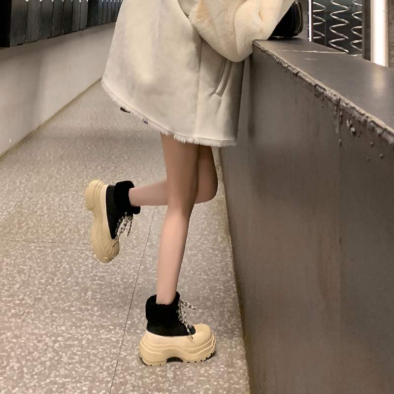 Krazing Pot Cow Leather Wool Blend Winter Round Toe Platform Snow Boots Lace Up Design Women Keep Warm Ankle Boots