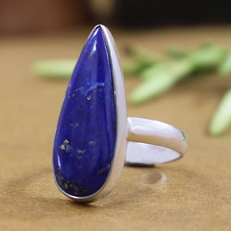Lapis Lazuli Long Pear Ring, Solid 925 Sterling Silver Ring, Handmade Ring, Designer Ring, Anniversary Ring, Unisex Gift