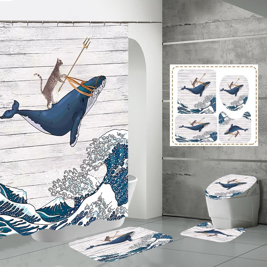 Shower Curtain Four-Piece 3D Digital Printing Shower Curtain Underwater Animal Bathroom Partition Shower Curtain
