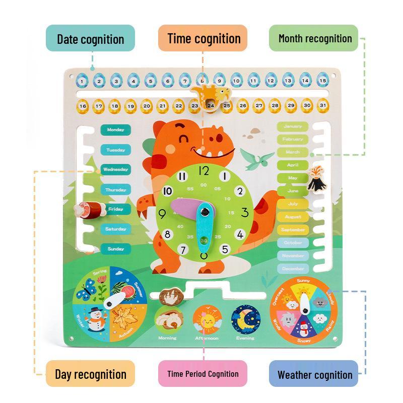 Dinosaur Theme Wooden Cognitive Calendar Clock for Early Education