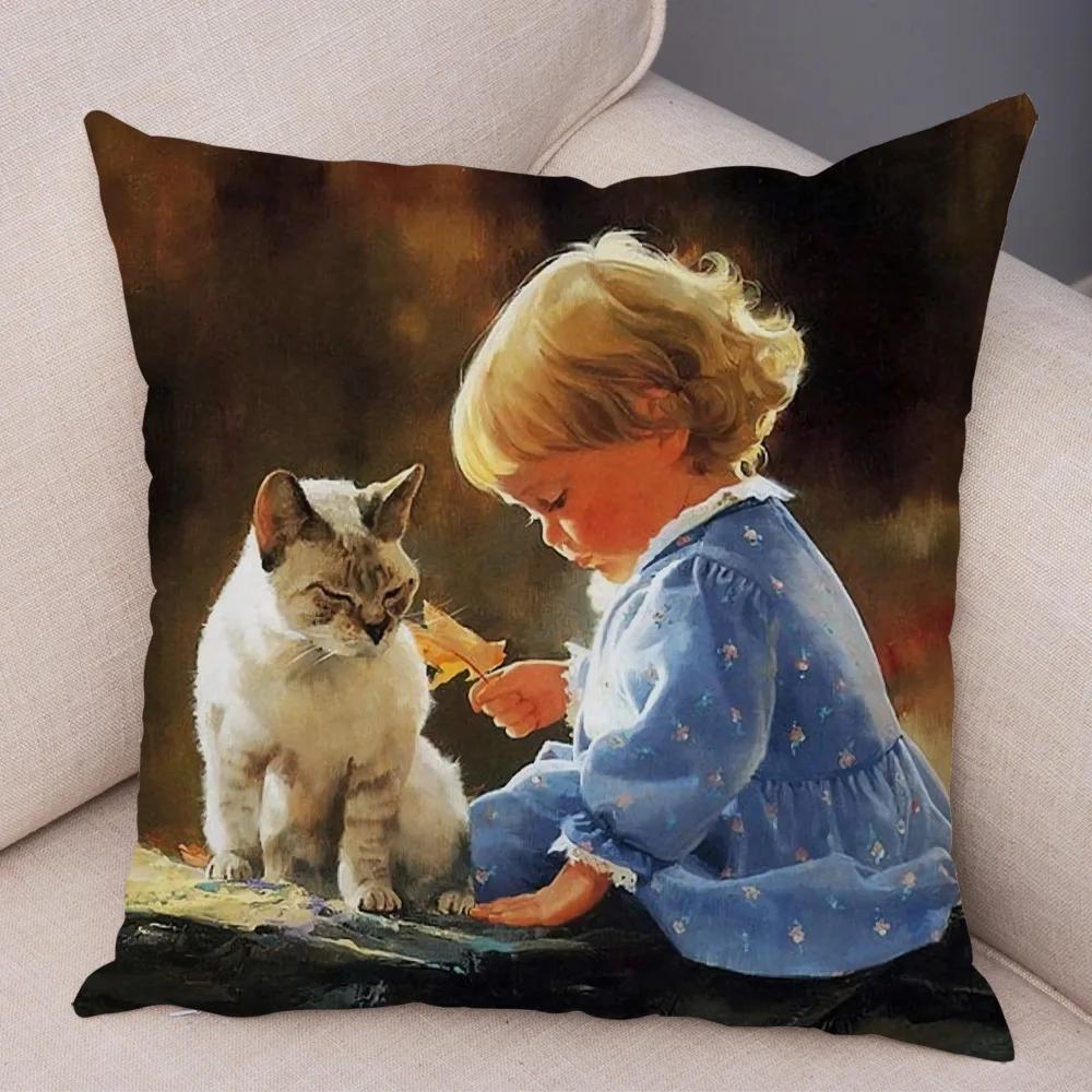 Cute Cartoon Children Cushion Cover Decor Harajuku Oil Painting Lady Pillowcase for Sofa Home Soft Plush Throw Pillow Case