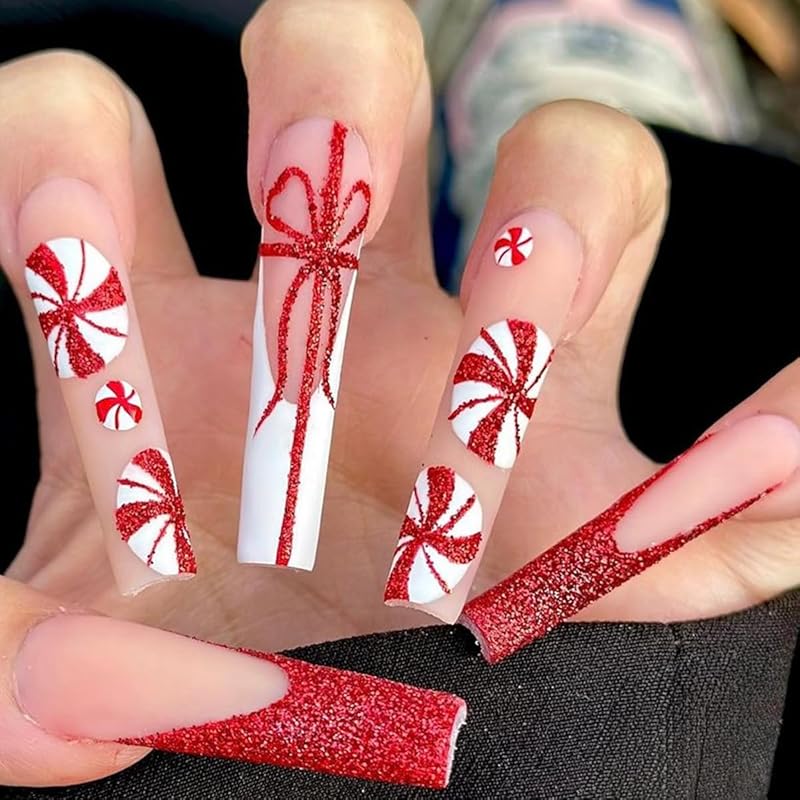 Christmas Press on Nails Medium Square Fake Nails Xmas Nails Press ons with Winterberry,Candy Cane,Snowflake,Santa Hat Design Reusable Artificial
