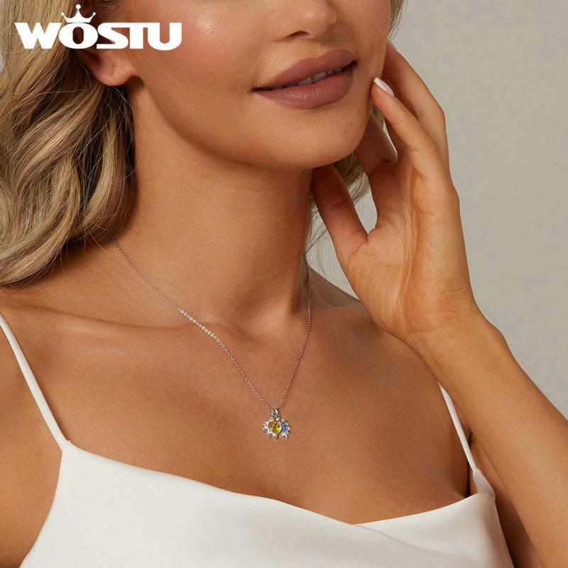 WOSTU 925 Sterling Zilver Maan Zon Hanger Ketting Dames Blauwe CZ Gele Kristal Bedel Kettingen Valentijnsdag Moederdag Cadeaus