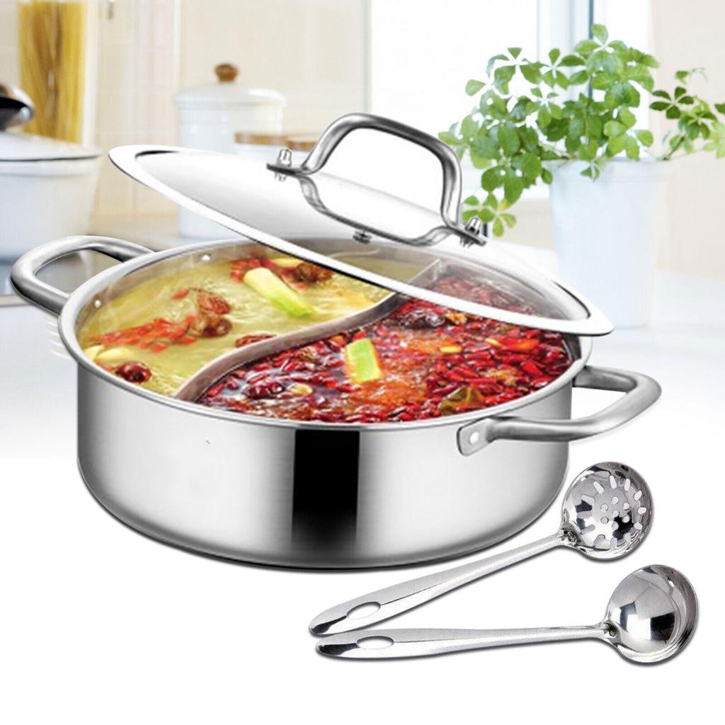 304 Stainless Steel Hotpot Pot 28cm Dual Chamber Pot with Ladle and Strainer Right Angle Design for Family Kitchen Cooking