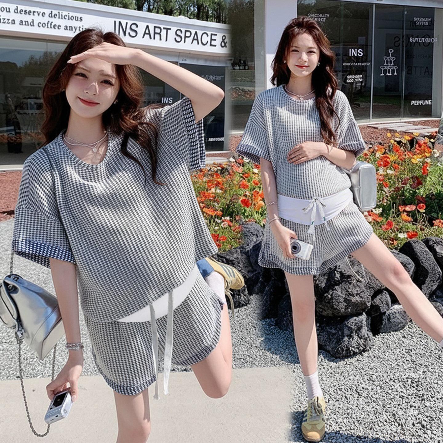 Summer 2026 Plaid Maternity Two-Piece Set: Short-Sleeve Top & Loose Casual Shorts Extra Large