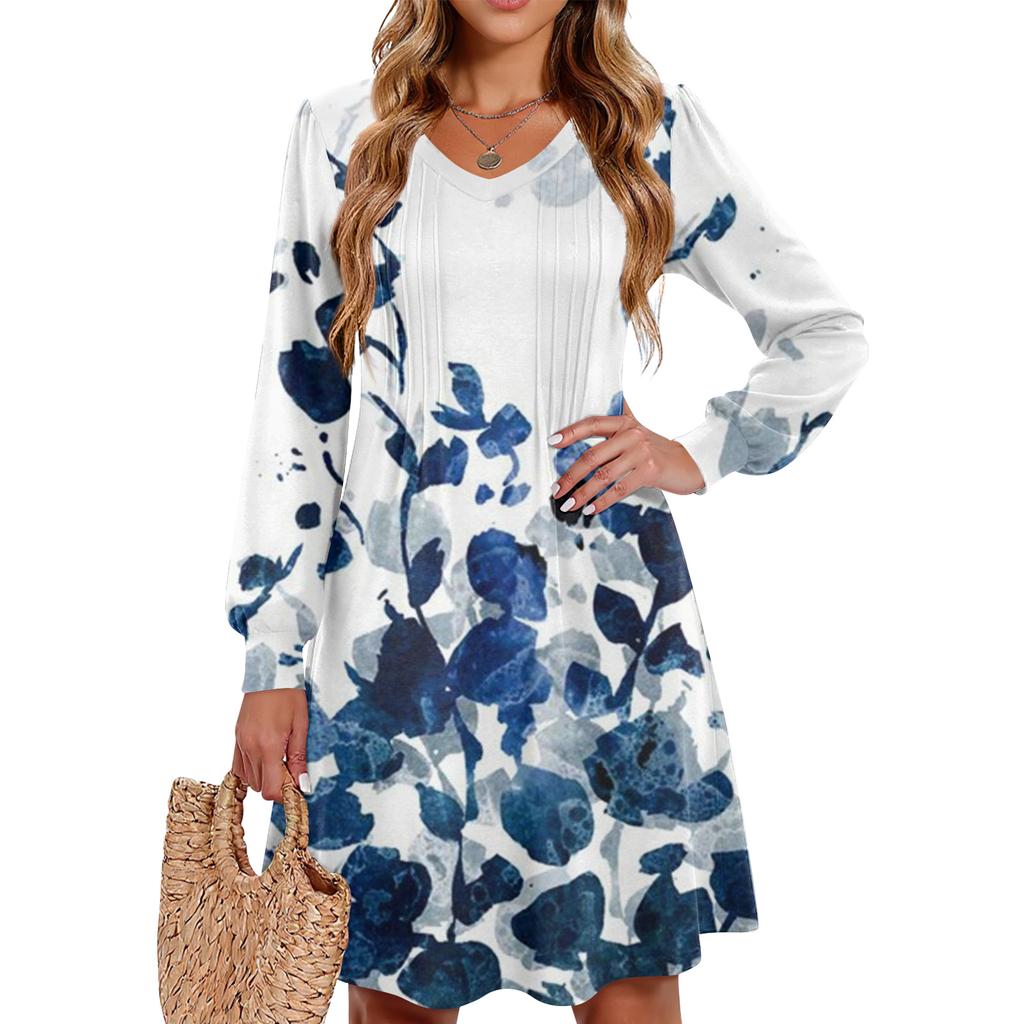 Ladies' Printed Casual And Fashionable V-neck Long Sleeved Mid Length Dress