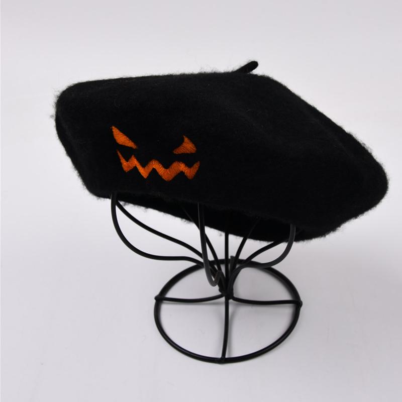 Vintage Plain Beret Cap For Women French Artist Chapeau Femme Wool Winter Hats Solid Color Halloween Embroidery Pumpkin Hat