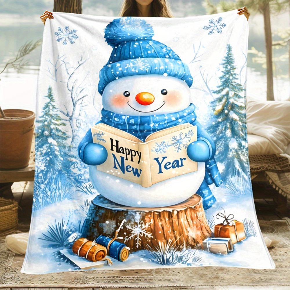 Happy New Year Snowman Flannel Blanket Cute Winter Character Reading Book Blue Hat Scarf Gifts Snowflakes SoftFleeceThrowHoliday 75x100cm