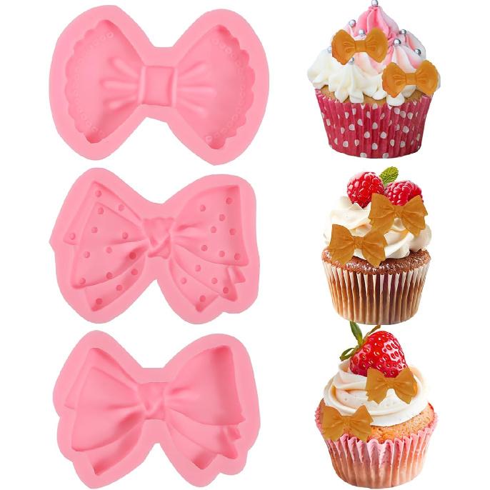 3 Pcs Exquisite Bow Chocolate Silicone Molds Cute Three-Dimensional Bow Cake Decoration Fondant Molds, for Birthday Party Cupcake Toppers Cookies