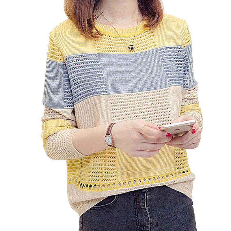 Women's Color Block Knitted Pullover: Spring & Autumn Loose Striped Long Sleeve Sweater with Hollow Thin Cardigan Design