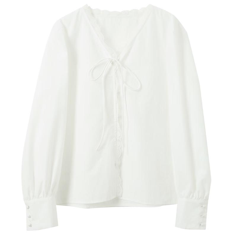 SANCAI 2026 Spring Lace Patchwork V-Neck Blouse M