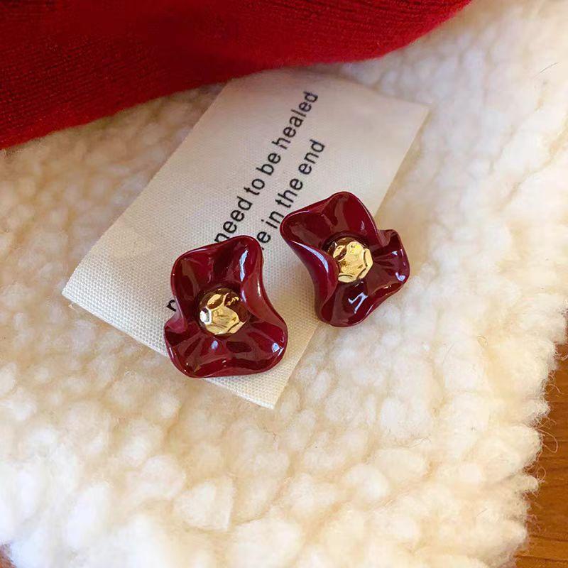 Irregular Petals Red Color Flowers Stud Earrings for Women Exquisite Simple  Sweet Personality Temperament Jewelry