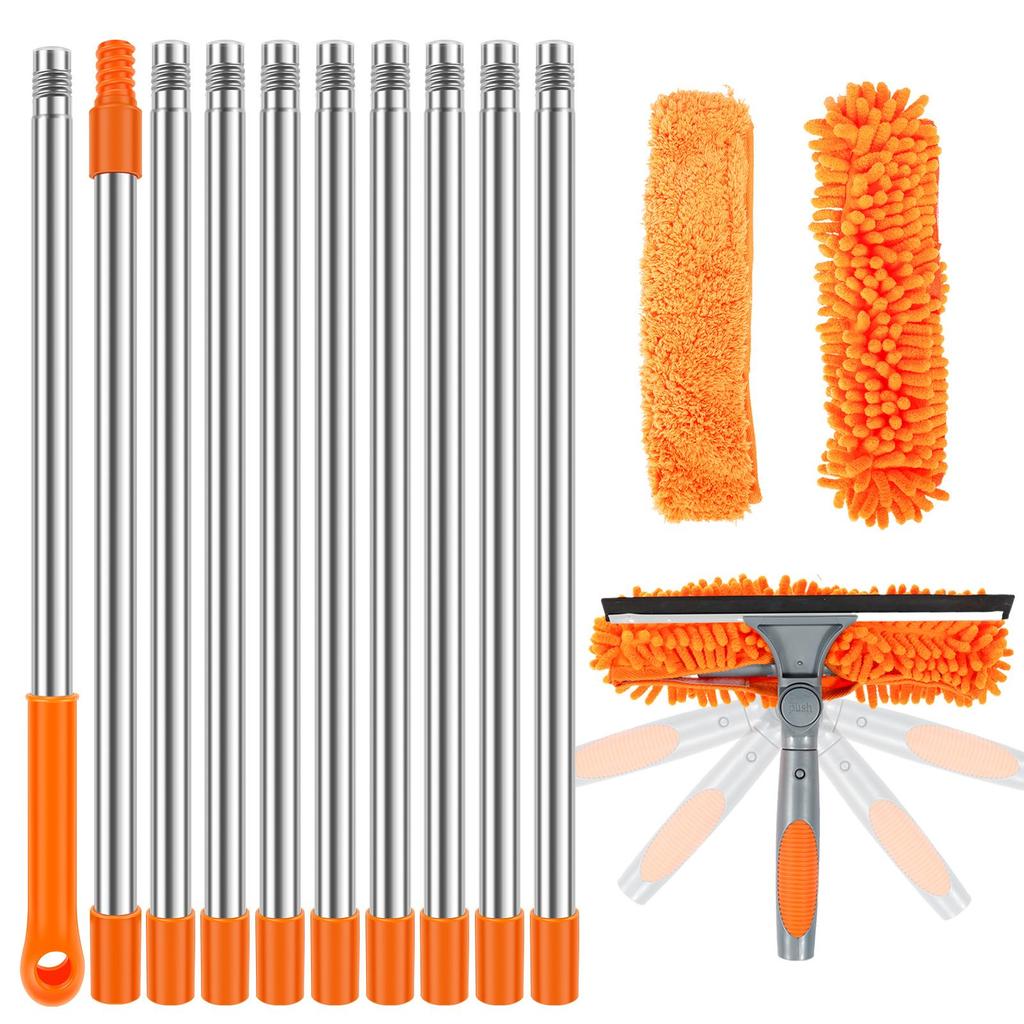 420CM Extended Window Cleaning Kit 2 in 1 Double Sided Glass Squeegee Cleaner Duster Mop 180° Swivel Window Cleaning Tools