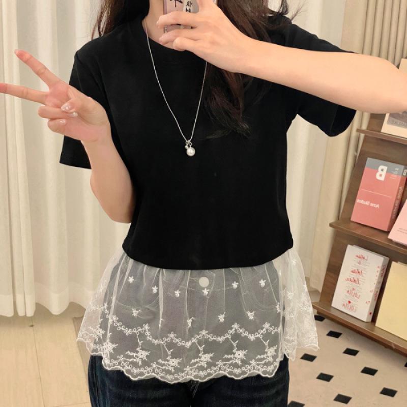 Women s Plus Size Lace Patchwork Short Sleeve Casual T-Shirt 3XL чёрный
