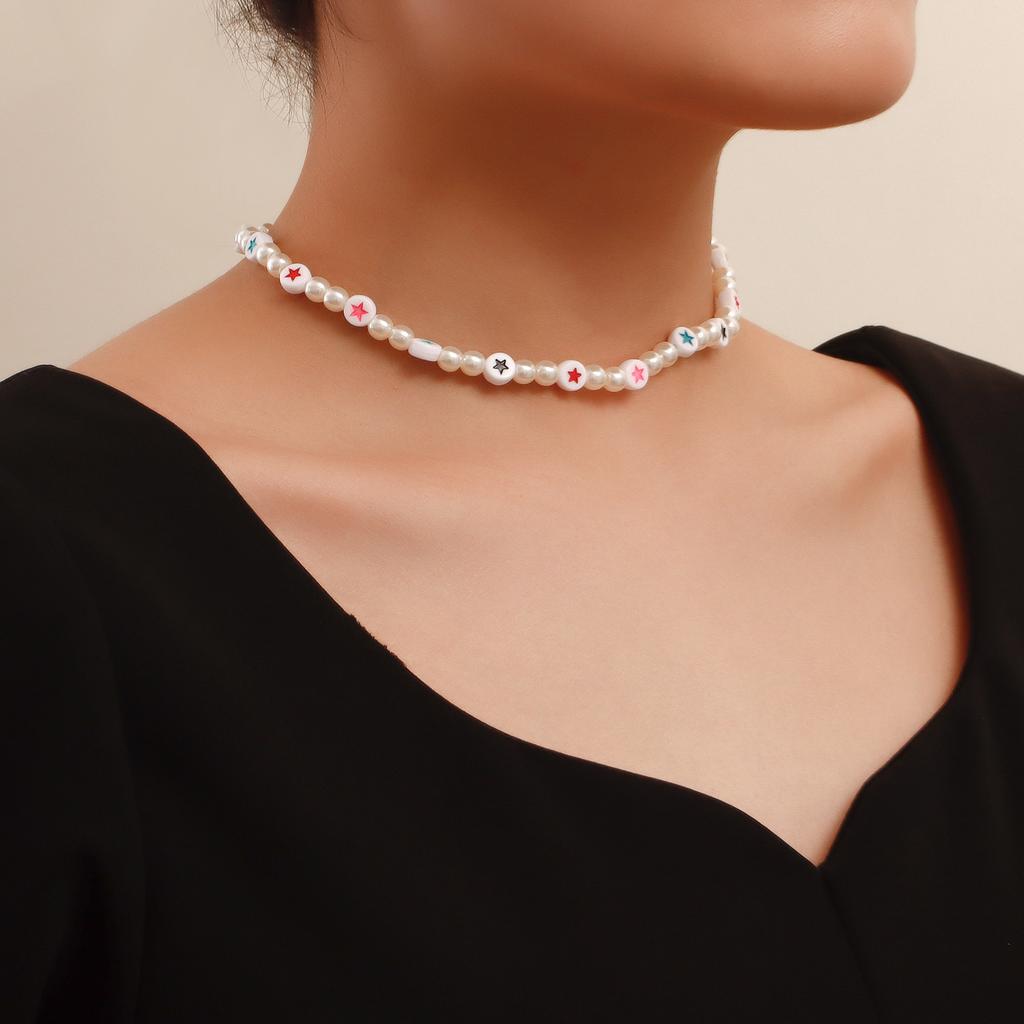 European and American Ethnic Style Color Five-pointed Star Love Hand-woven Beaded Imitation Pearl Necklace Choker