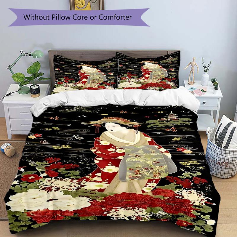 

3pcs Anime Geisha Comforter Set with One Quilt Cover and Two Pillowcases (No Core), Bedroom Decor - Perfect Gift for Anime Lovers - Polyester Fabric - 135x200cm