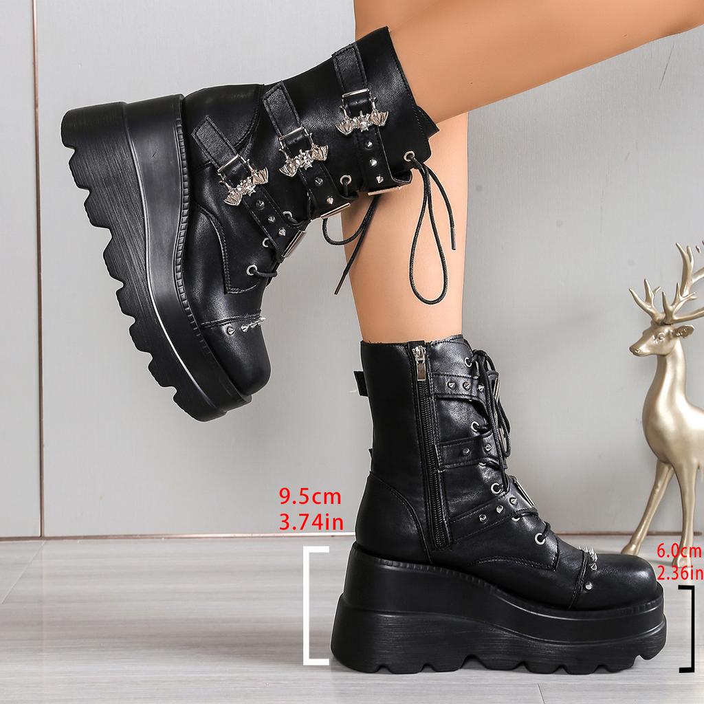 Fashion Women's Goth Platform Motorcycle Boots Punk Rivet Buckle Strap Combat Booties for Women Thick Bottom Wedge Heels Mid Calf Shoes