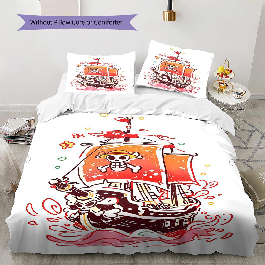 One Piece Jolly Roger Logo Pattern Bedding Quilt Set Quilt Cover Pillowcase Home Birthday Gift(1 * duvet cover + 2 * pillowcase, without core)