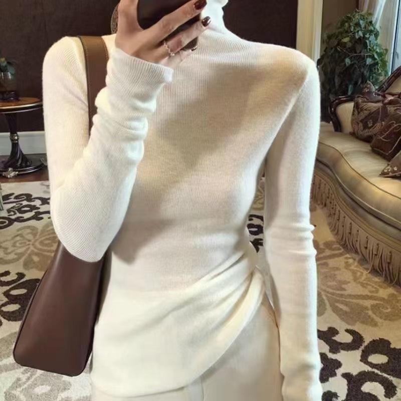 WTEMPO High Collar Stretchy Long Sleeve Slim Knitted Pullovers Women's Solid Color Casual Spring Autumn Soft Warm Sweaters