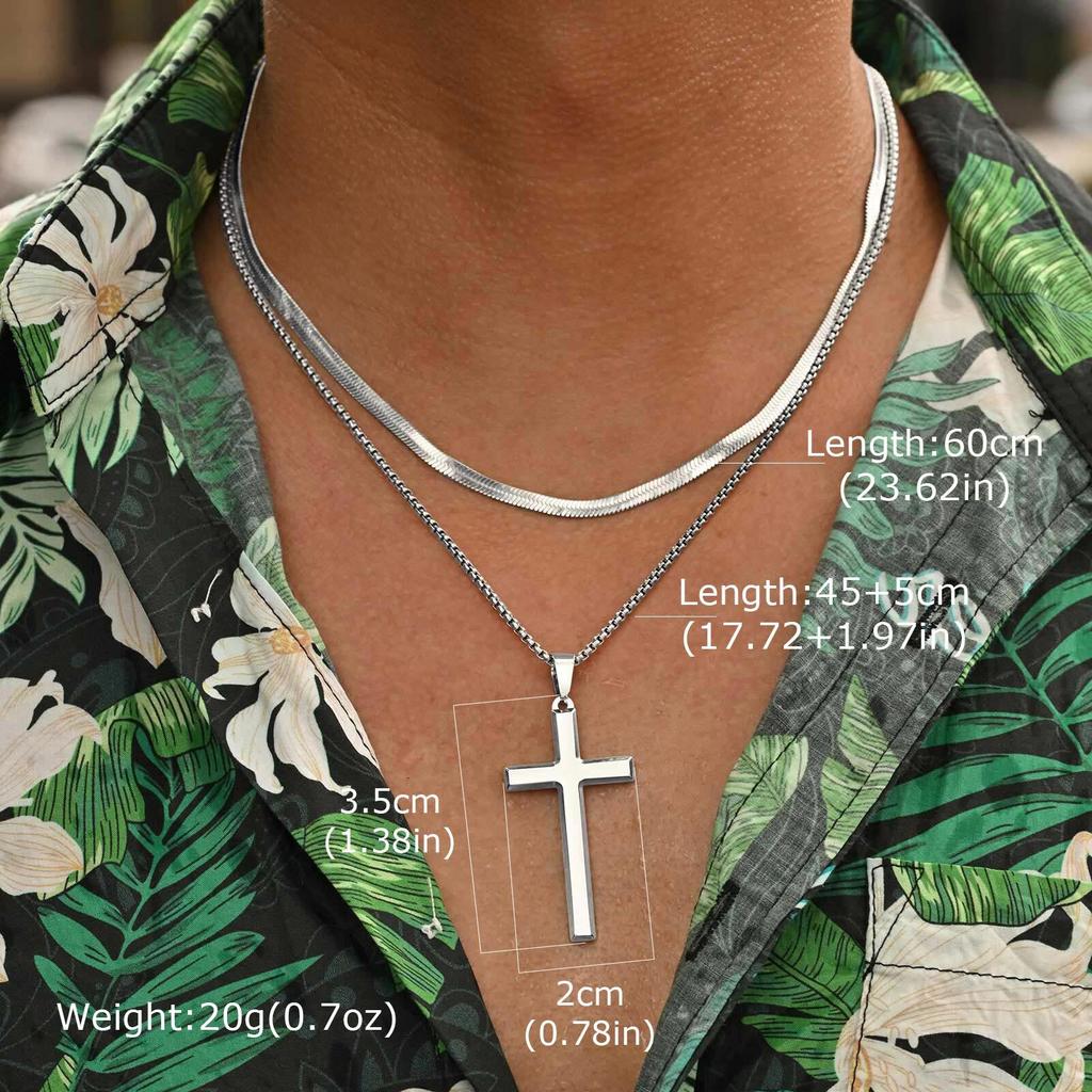 2pcs Punk Cross Necklace for Men BoysStainless Steel Stacked Chain Necklace,Male Sweater Chain Gift