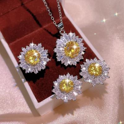 Luxury Yellow AAAA Shiny Zircon Sterling Silver Women Set Full CZ Necklace Ring Earrings Women's Bridal