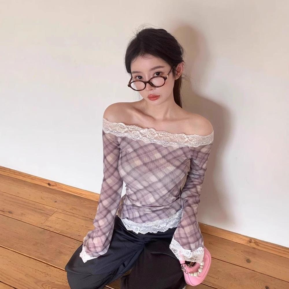 Dreizehn Zeilen 2025 Frühling Karomuster Spitzenbesatz Einseitige Schulter Langarm Oberteil für Damen