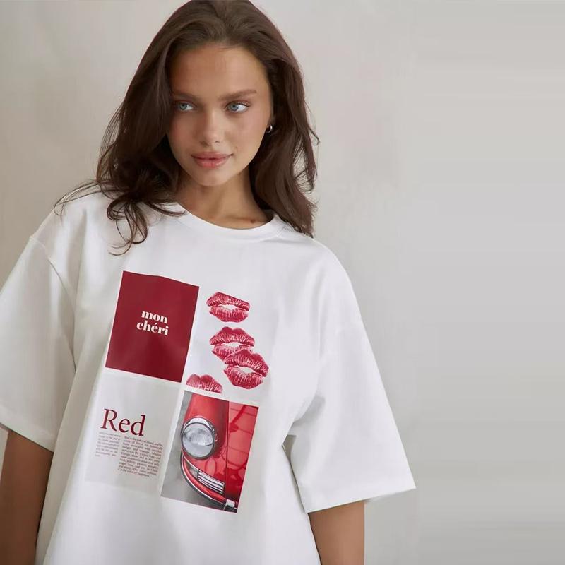 Bedrucktes Design Mittellanges Reines Baumwoll-T-Shirt Damen Sommer Vintage Locker Kurzärmeliges T-Shirt Täglich Lässig Damen Tops