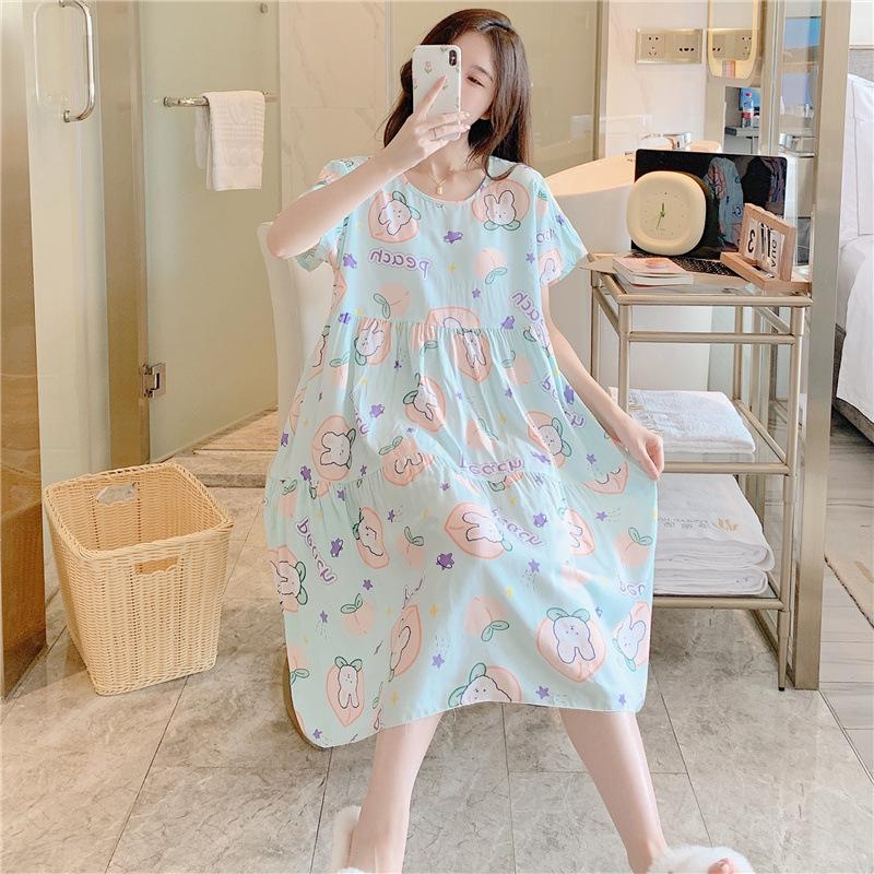 Cotton and Silk Nightgown Women's Summer Short-sleeved Large-size High-end Printed Maternity Pajamas Can Be Worn Outside Long Loungewear