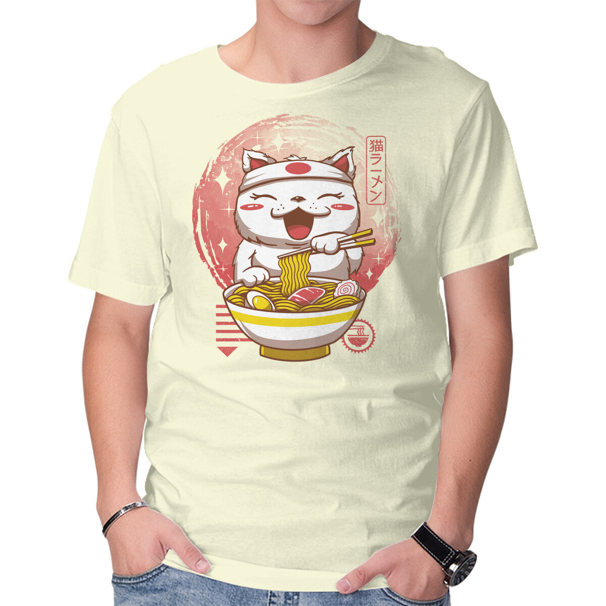 Unisex Crew Neck T-Shirt Neko Ramen Graphic Short Sleeve Casual Tee XS