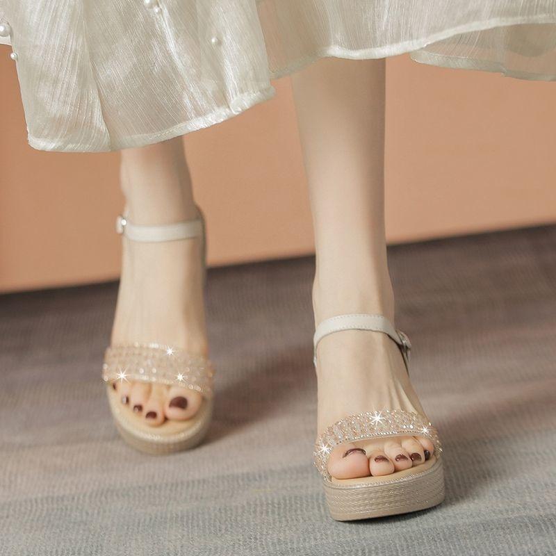Muffin platform sandals one-button rhinestone wedge sandals summer new fashion platform sandals temperament women's shoes