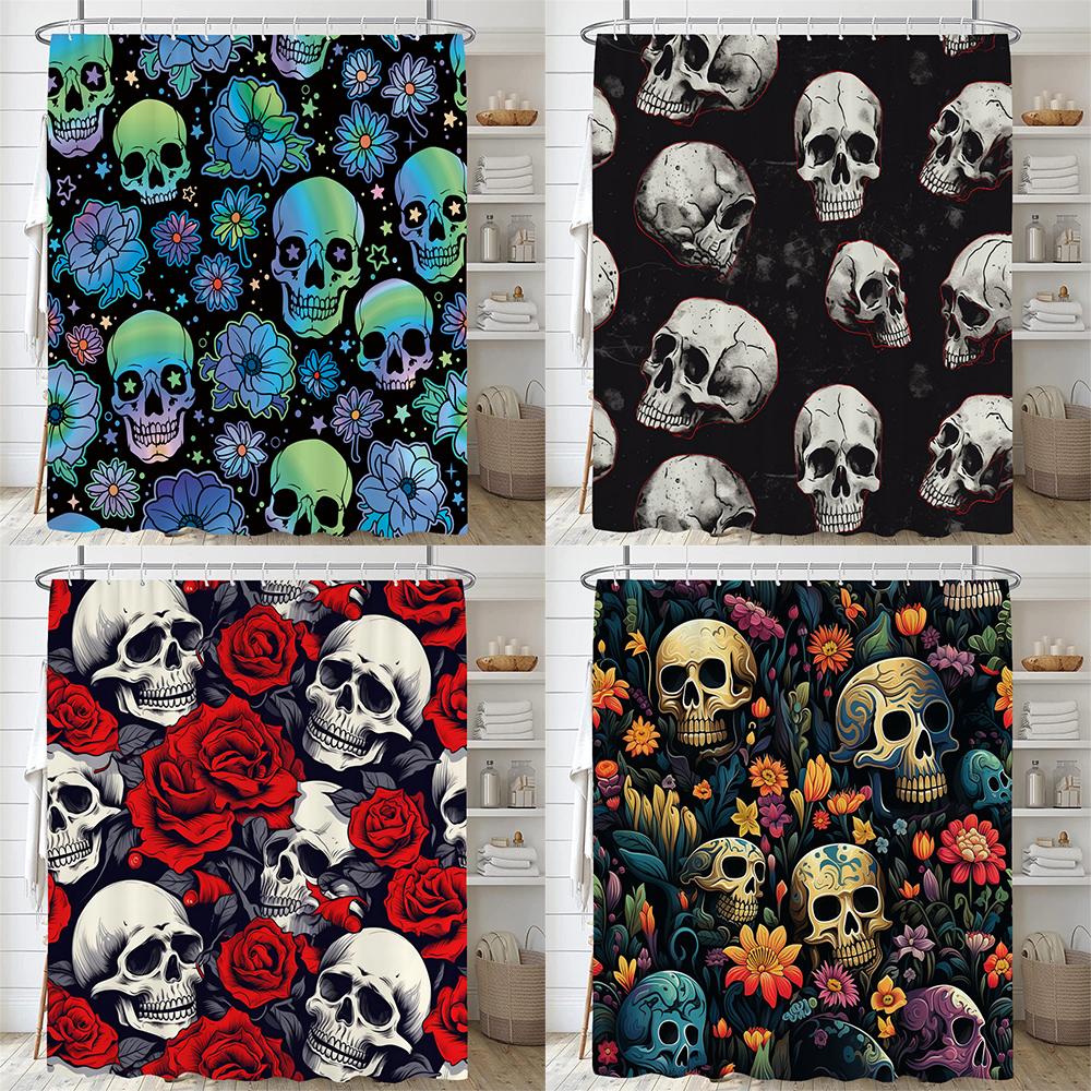 Personality Flowers and Horror Skeleton Skull Shower Curtain Polyster Fabric Home Decor Halloween Bathroom Curtain with Hooks
