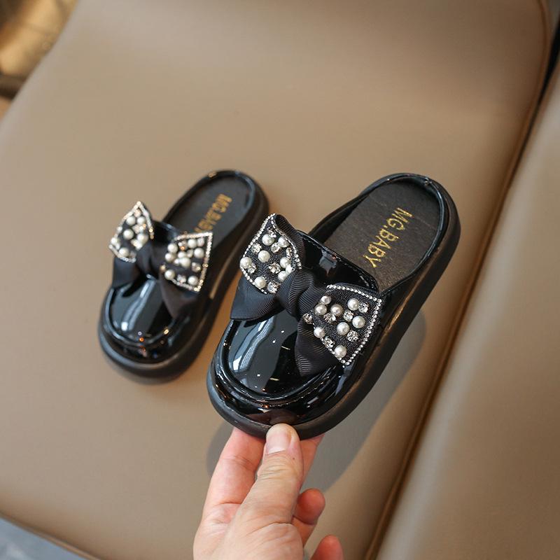 

Летние детские кожаные слипоны в корейском стиле с жемчужными стразами и бантом, 2024 Custom order price for 2000 pairs чёрный