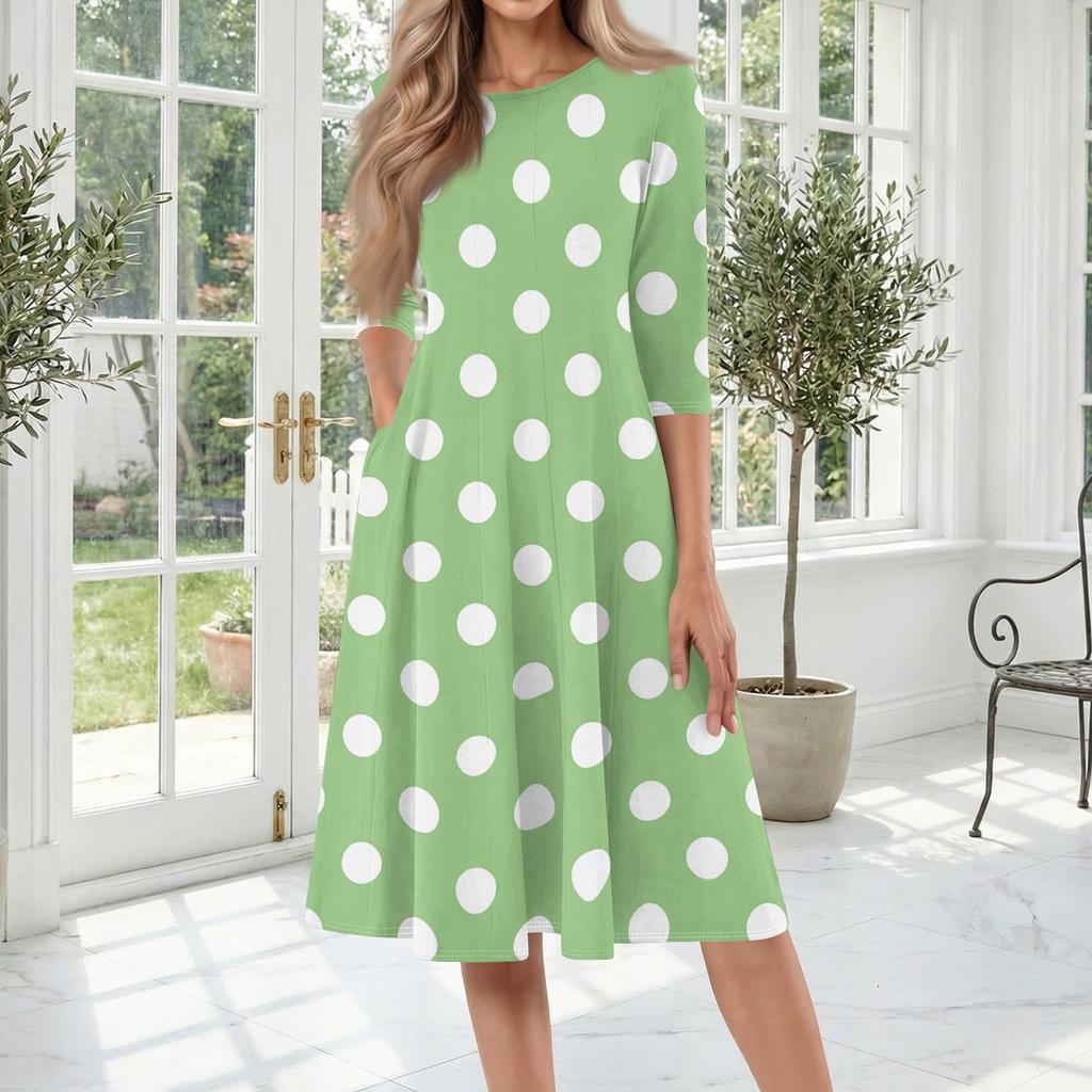 Women's Casual Fashion Round Neck Three Quarter Sleeve Polka Dot Printed Mid Length Dress Comfortable Loose Fit Everyday Wear
