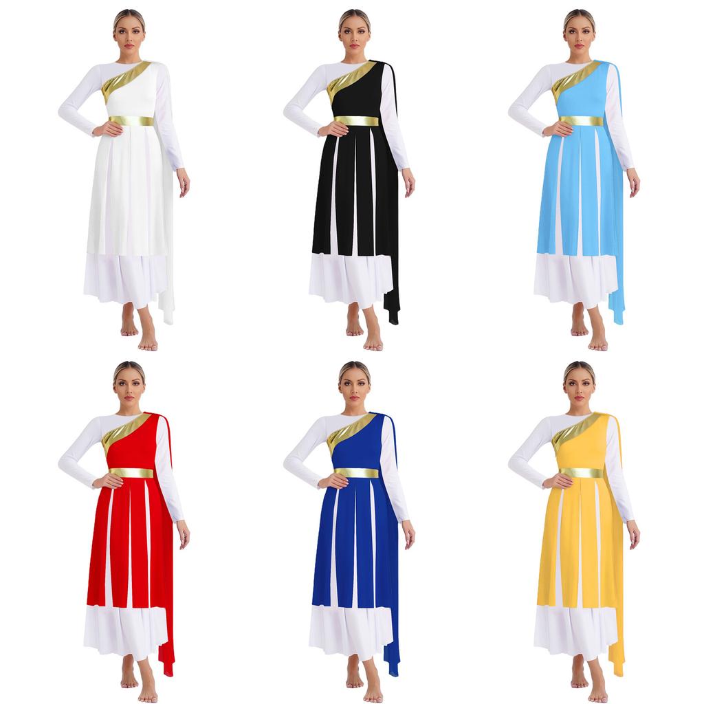S-XXL Lyrical Worship Dance Dress One Shoulder Sleeveless Metallic Shiny Patchwork Slit Hem Tunic with Drape for Stage