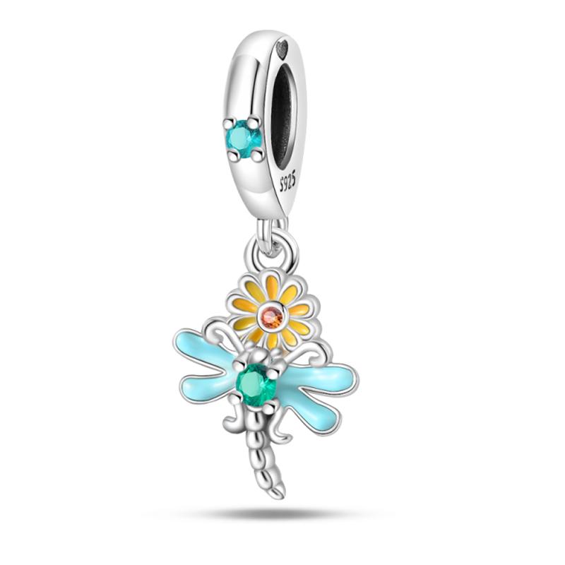 100% 925 Silver Exquisite Colored Dragonfly Charms Pendants Sparkling Zircon Fit Qikaola Original Bracelets DIY Jewelry