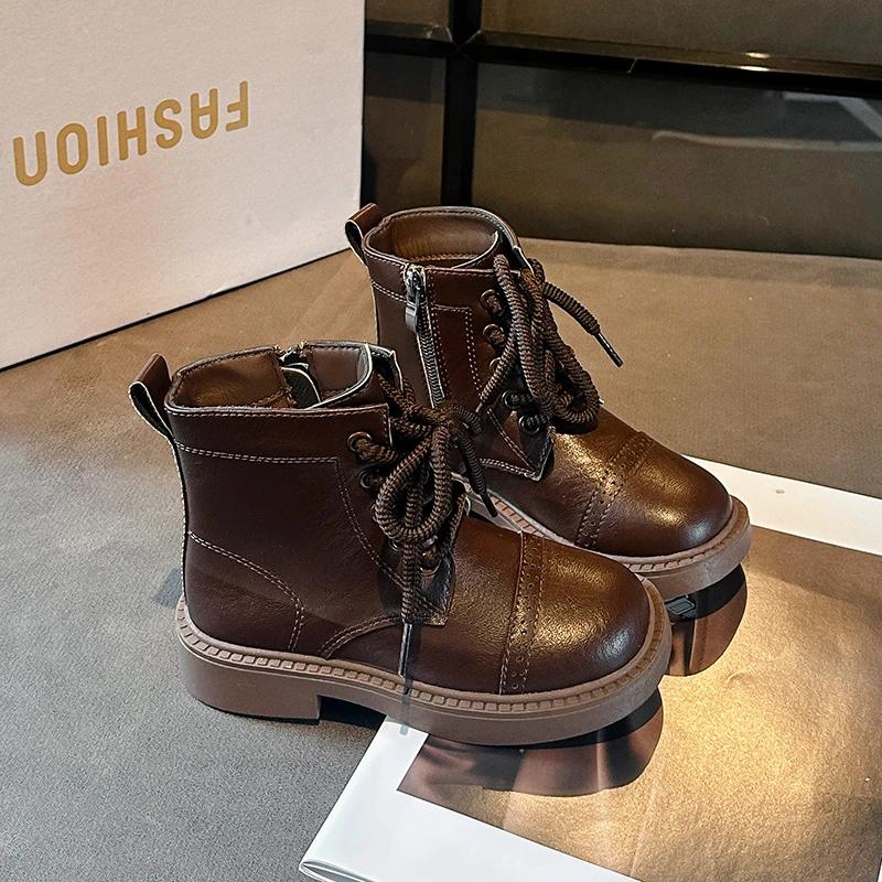 New Children's Autumn Boots Solid Color Cool Girl Causal Ankle Boots Round-toe Versatile Kids Fashion Leather Boots Side Zipper
