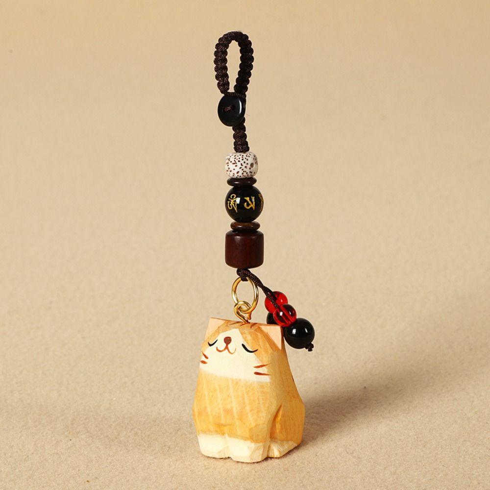 Beads Wooden Carved Cat Keychain Weave Rope Car Keyring Funny Wood Kitty Dolls Pendant Students