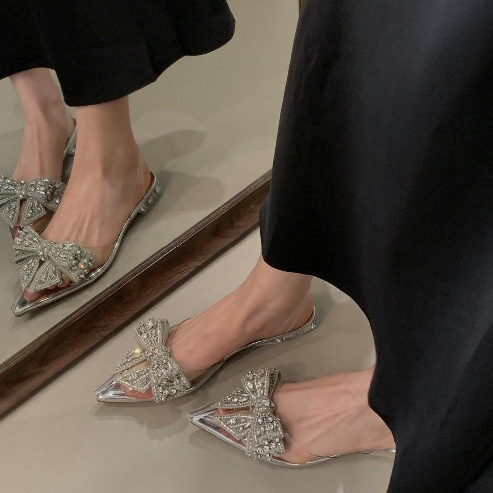 

Прозрачные остроносые босоножки с бантом женские новые сексуальные свадебные туфли со стразами на плоском каблуке 40
