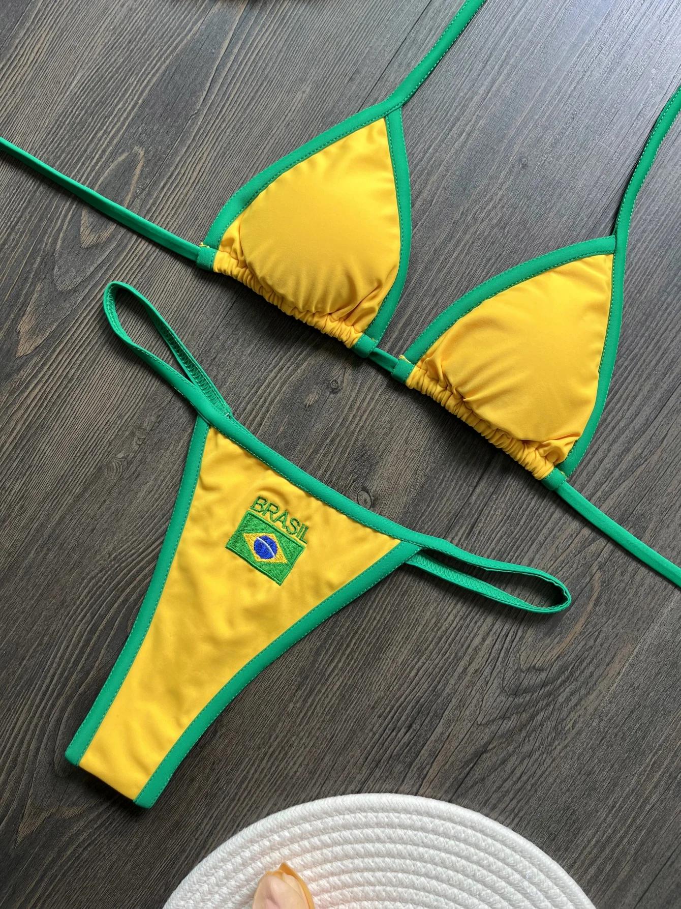 

2026 Fashion Embroidery Brasil Flag Contrast Split Bikini Set Women Swimwear Patchwork Swimsuit Hottie Outfit SummerBeachwear L жовтий
