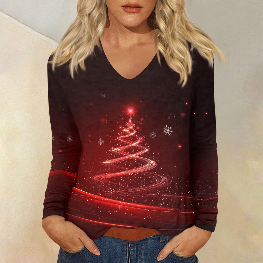 Women's Casual Fashion Christmas Graphic Printed Casual Print Long Sleeve V-Neck Pullover Top Blouse