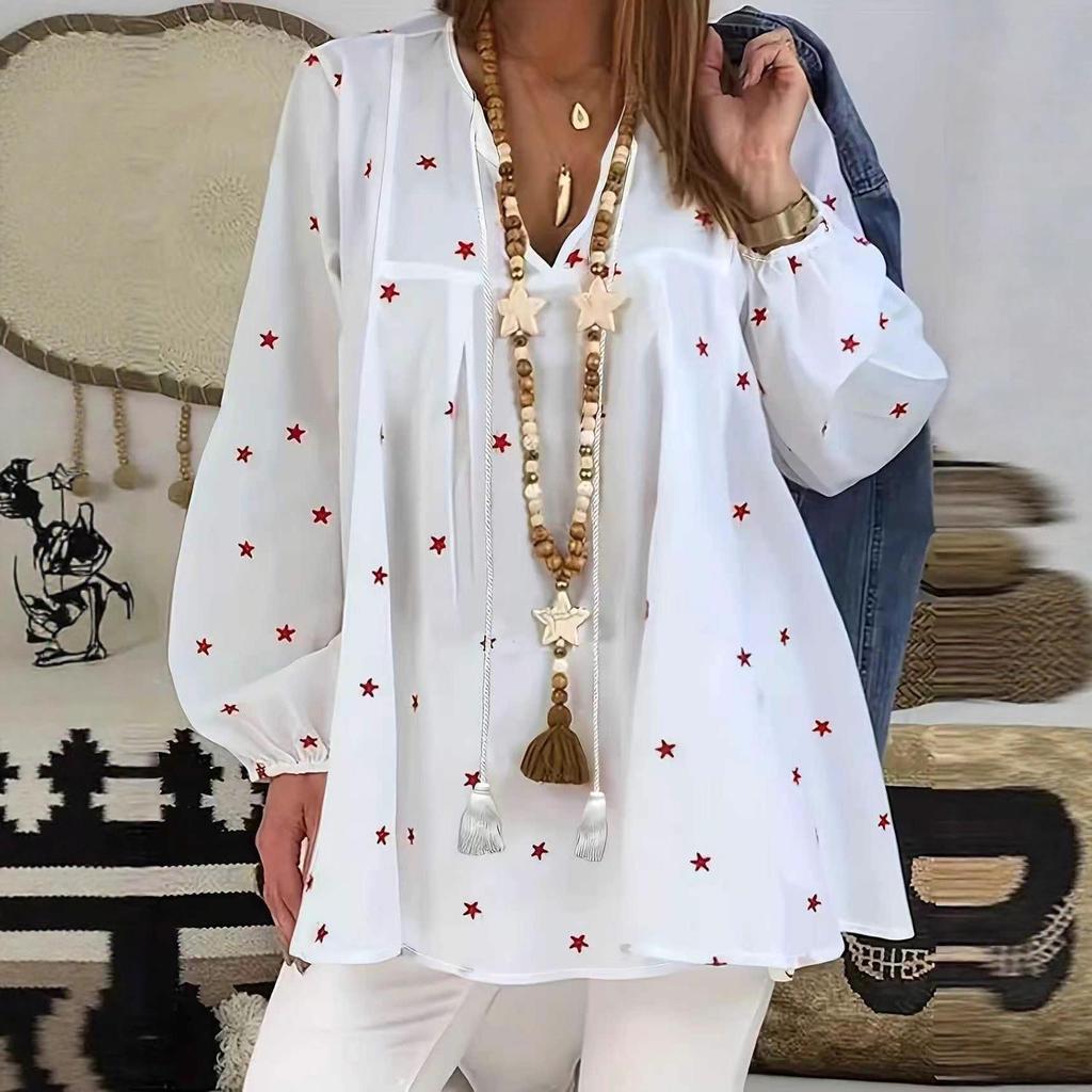 2025 Autumn V-neck Star Print Drawstring Comfortable Casual Loose Batwing Sleeve Pullover
