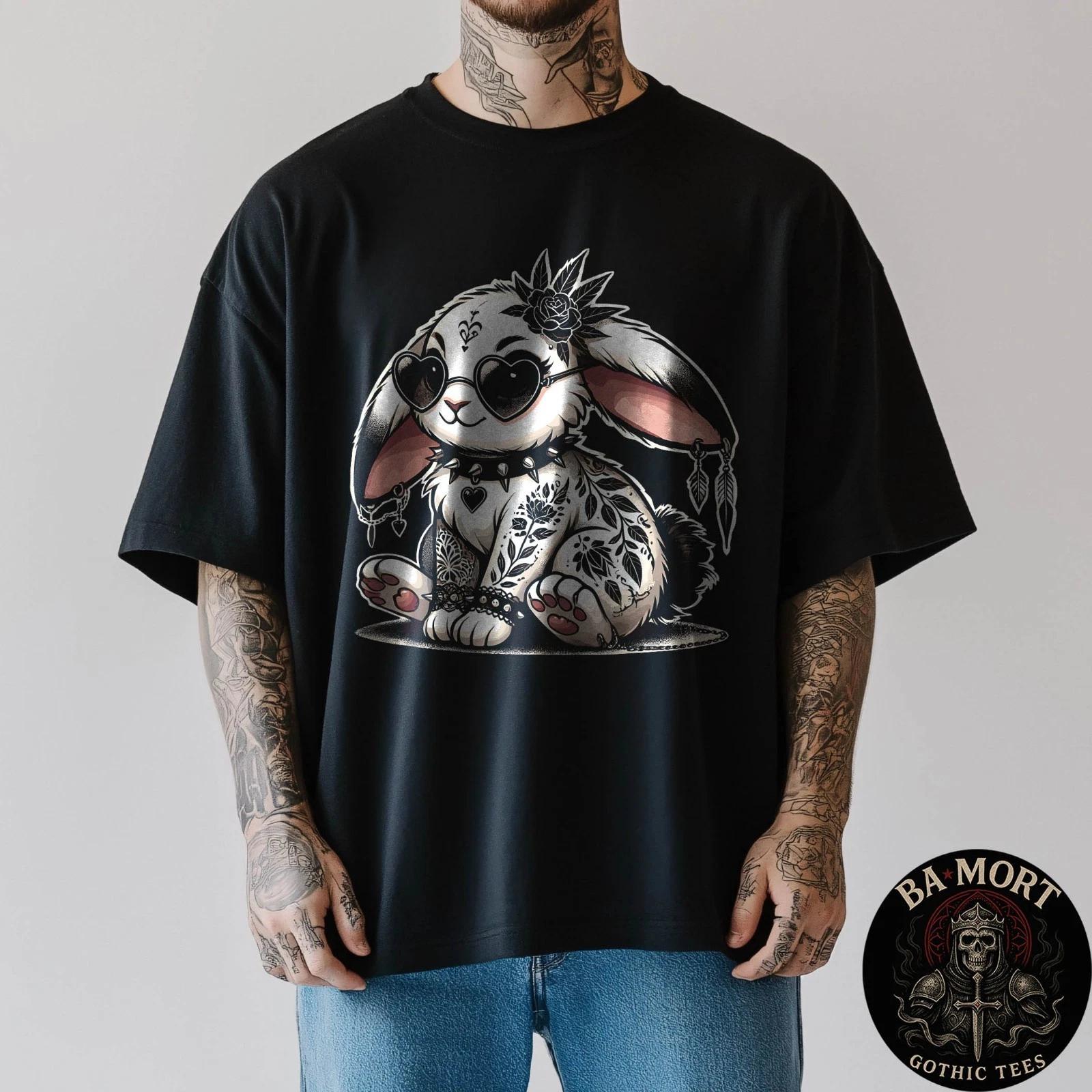 Gothic Bunny With Floral Punk Tattoos  Spiked Collar T-Shirt XL