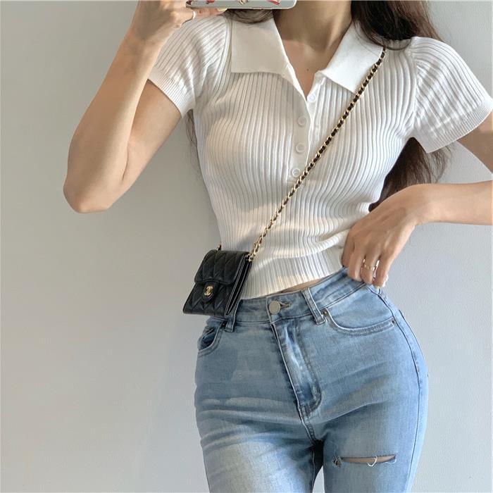 Summer Slim Thin Short Section Top Retro Small Lapel Short-sleeved Knit T-shirt Female Casual Essential Comfort Style Slim Fit Pullovers Tees