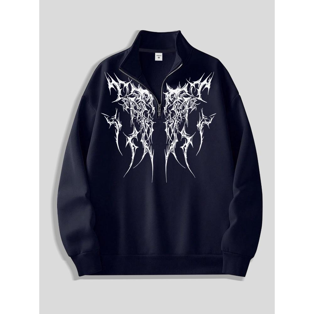 Men's Y2K Gothic Dark Printed Zipper Hoodie - Black Street Style Exquisite White Design Loose Hoodie Street Style