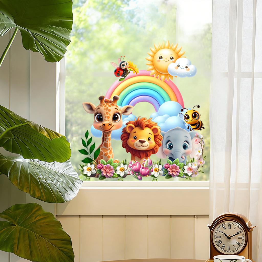Cartoon Animal Park Static Electricity Glass Stickers for Children's Room, Bedroom and Living Room Wall Decoration Stickers