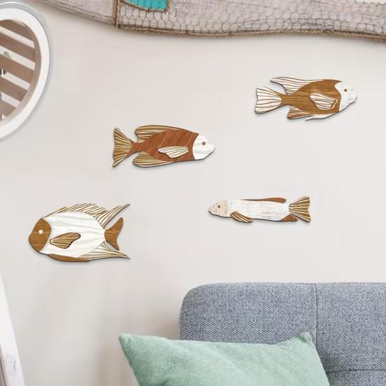 4 Pcs Wooden Fish Wall Decor Nautical Coastal Theme Fish Wall Sculpture Vintage Lake House Ocean Ornaments for Bedroom Bathroom Living Room