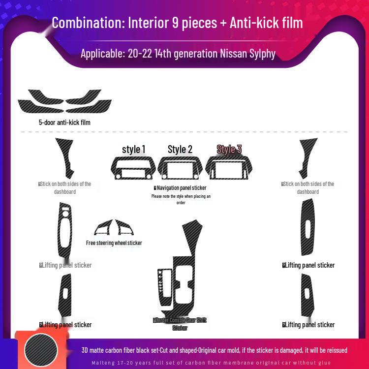 14th Gen Sylphy Interior Carbon Fiber Decals: Center Console & Anti-Kick Door Protectors (2020-2022)